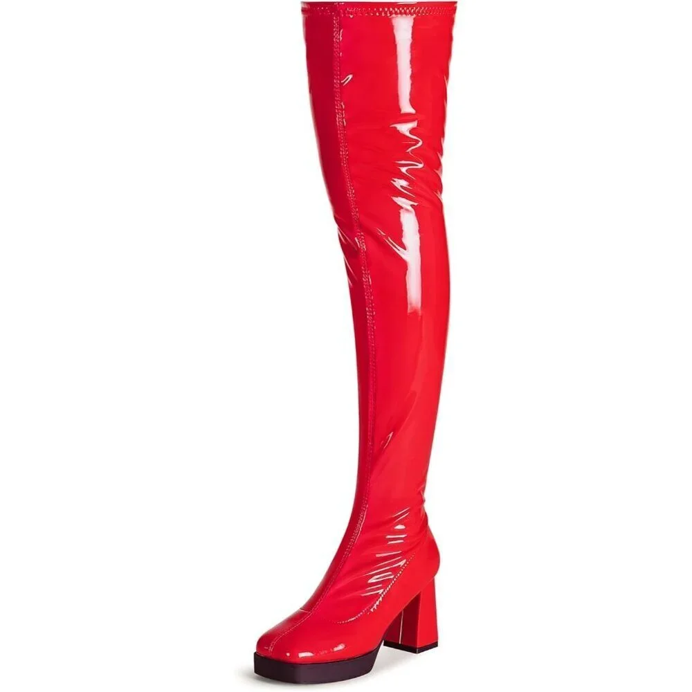 Women Red Square Toe Chunky Heels Patent Leather PU Over The Knee High Boots